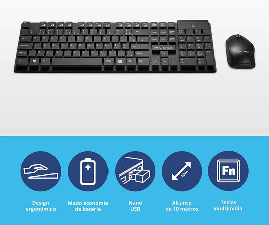 KIT TECLADO E MOUSE SEM FIO MULTILASER TECLAS FLUTUANTES PRETO TC251