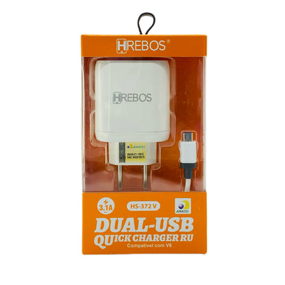 Carregador Completo Micro USB V8 Hrebos Fonte e Cabo 3.1A HS-372V