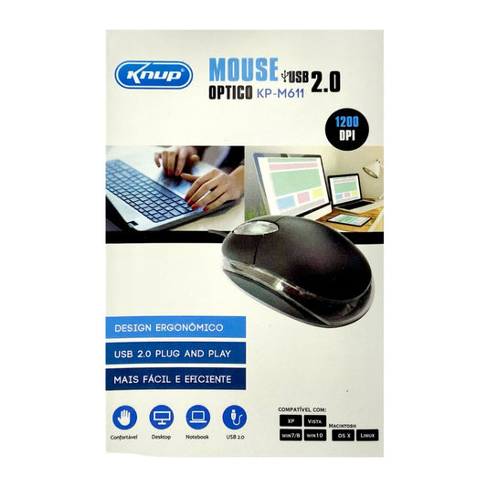 Mouse Óptico Knup Com Fio USB 2.0 Computador e Notebook KP-M611