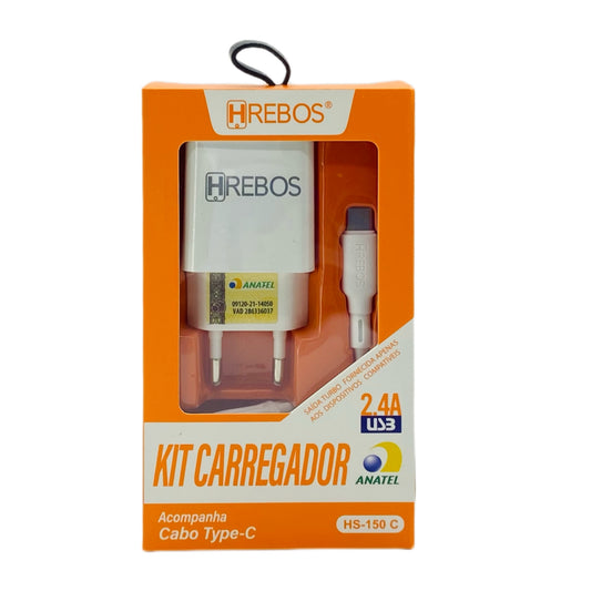 Carregador Completo Tipo C Hrebos Fonte e Cabo 2.4A Branco HS-150C