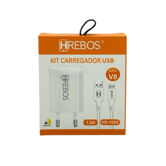 Carregador Completo Micro USB V8 Hrebos Fonte e Cabo 1.2 A HS-102V
