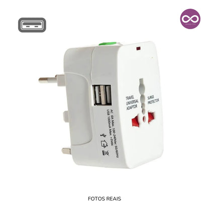 Adaptador Universal Tomada Para Viagem Padrão Internacional com 2 entradas USB