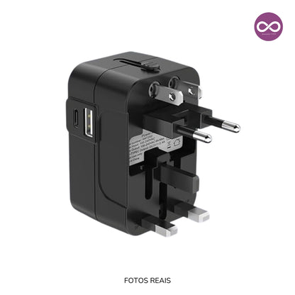 Adaptador Universal Tomada Para Viagem Padrão Internacional com Entrada Tipo-C e USB