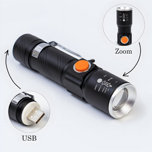 Mini Lanterna Recarregável USB Longo Alcance Com Zoom B-Max BM-8411